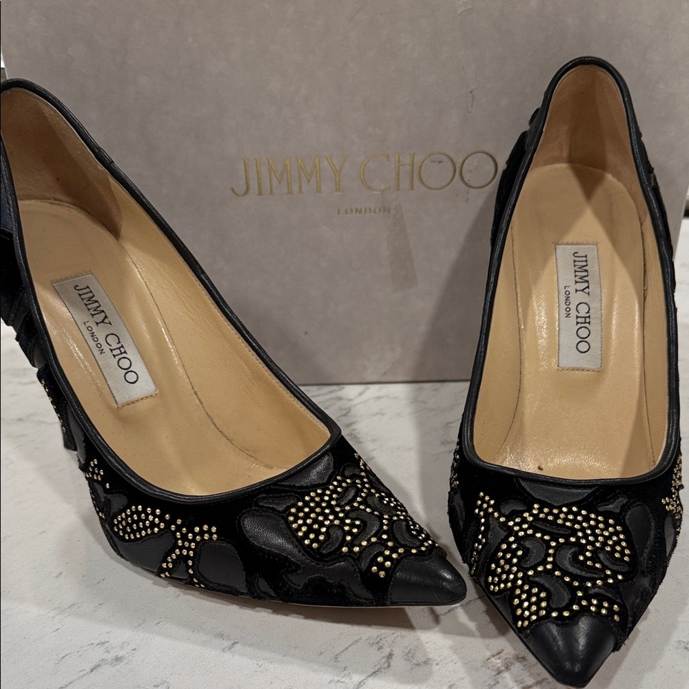 Jimmy Choo Black and Gold Embellished Heels 38.5